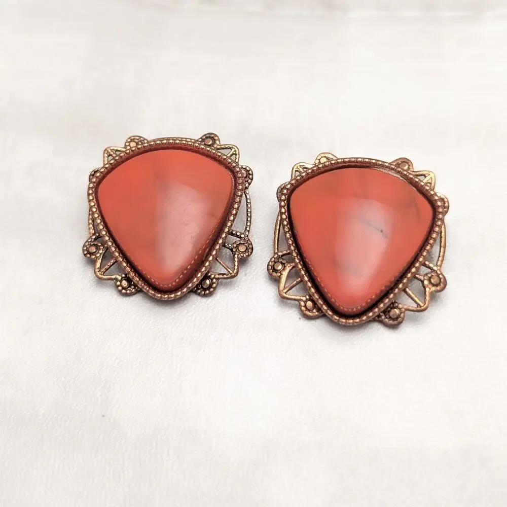 Vintage Clip On Earrings Statement Dark Orange and Copper Tone Large Regal